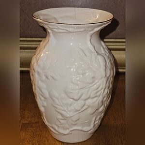 Vintage Belleek Oakleaf 5" Embossed Gold Colored Rimmed Vase